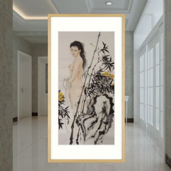 黄花美女国画图纯手绘水墨国画人物国画人体国画适合卧室的国画人物画