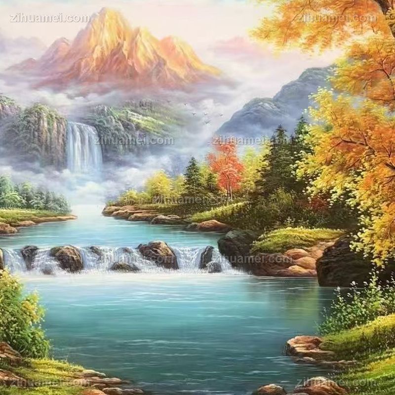 山水畫 水墨山水壮观。悬崖如斧削，瀑布似练飘，松柏翠且挺，孤人静且思