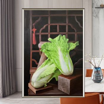 Exquisite hyper realistic still life oil painting, Baicai Baicai New Chinese hand-painted oil painting
