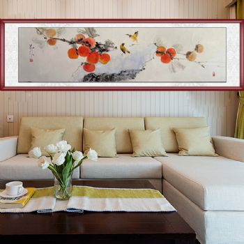 Hand drawn traditional Chinese painting, flower and bird painting, tea room hanging painting, persimmon painting, persimmon, ruyi, solid wood painting frame