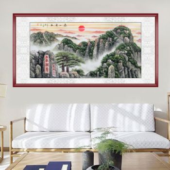 文生 水墨山水画 五岳泰山 昂头天外 四尺横幅 典雅红褐实木框 手绘 手工 国画油画需要的材料有哪些