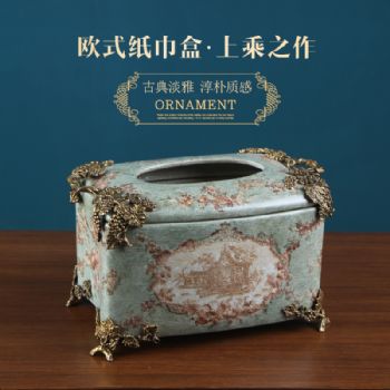 欧式复古陶瓷配铜纸巾盒摆件 别墅样板房家居客厅餐桌软装抽纸盒陶瓷摆件工艺品